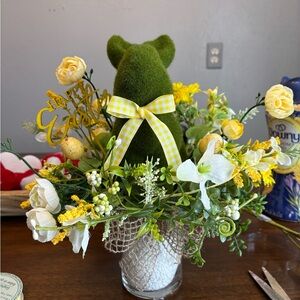 Spring Moss Bunny Floral Arrangement with Yellow Bow